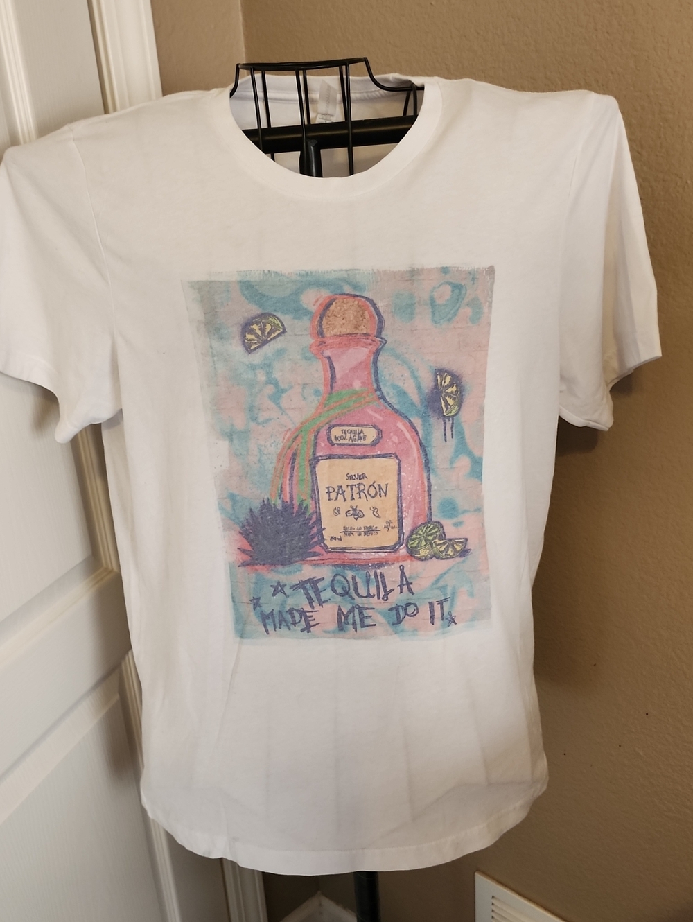 Tequila Made Me Do It White Graphic Tee with Pink Patron Bottle Design